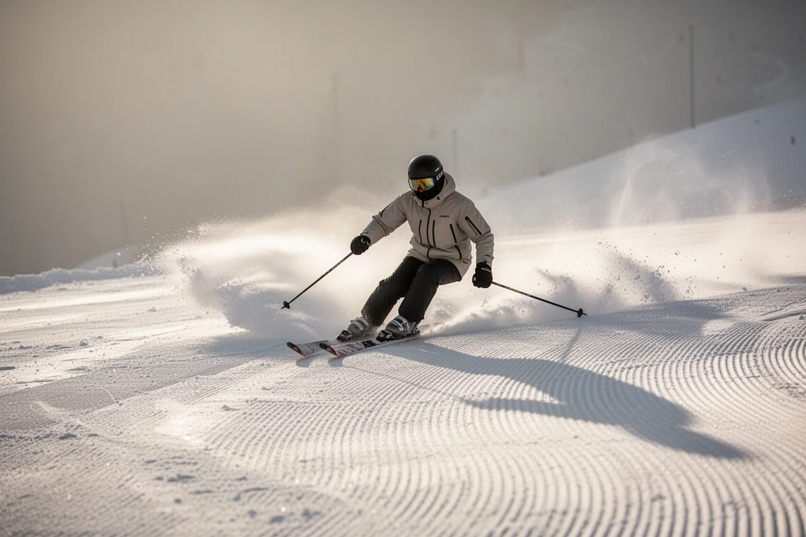Skier carving a turn on a freshly groomed slope in soft morning light