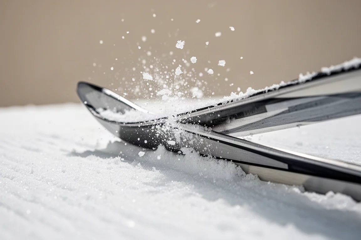 Close-up of ski edges biting into firm groomed snow