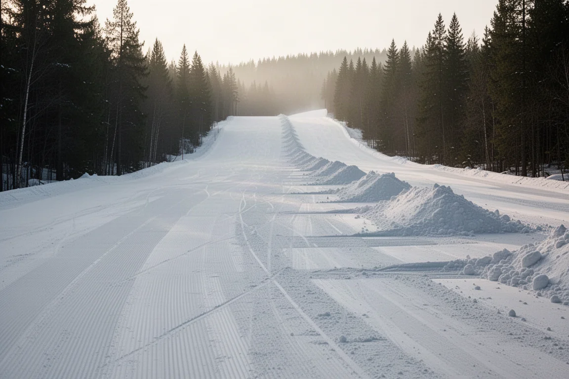 Groomed slope with soft snow piles and scraped firm patches
