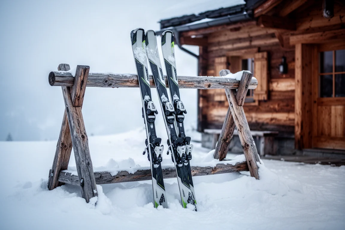 Pair of frontside skis leaning against a wooden ski rack at a lodge