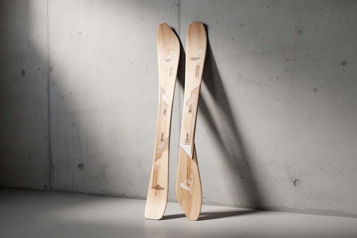 Pair of frontside alpine skis with pale wood-toned topsheets leaning against a concrete wall