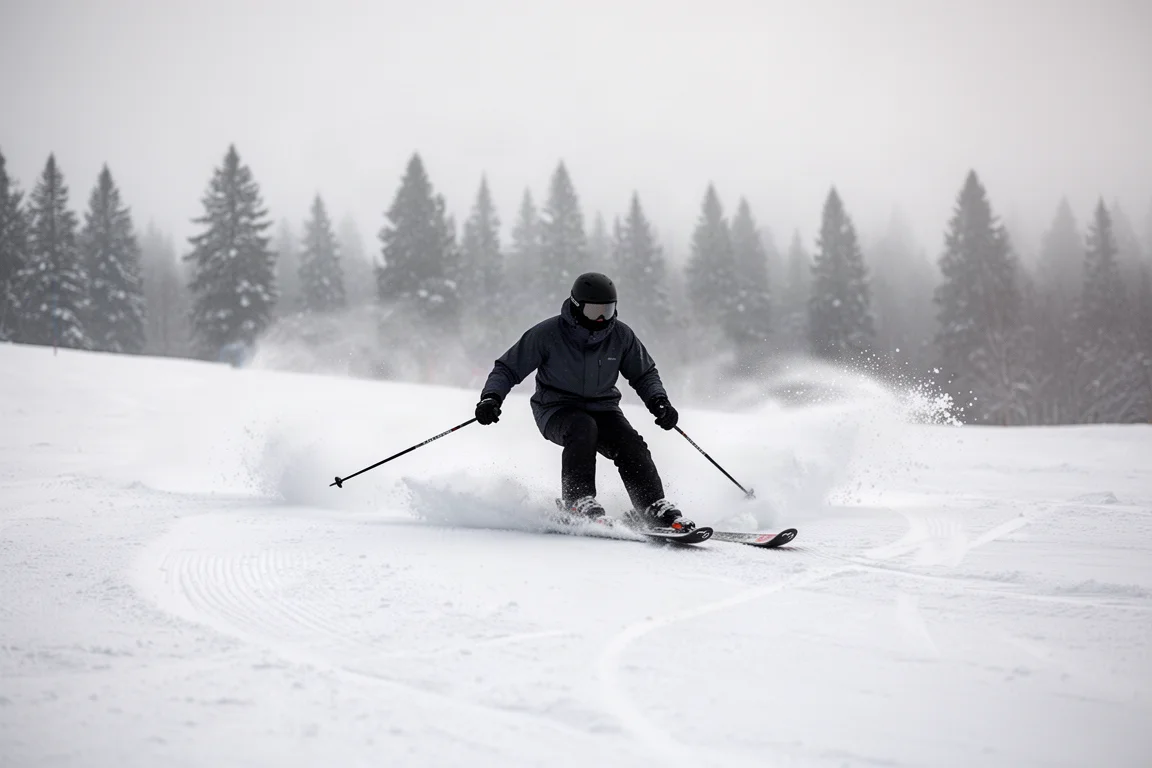 Esquiador trazando un giro en una pista preparada con una estela de nieve detrás de los esquís