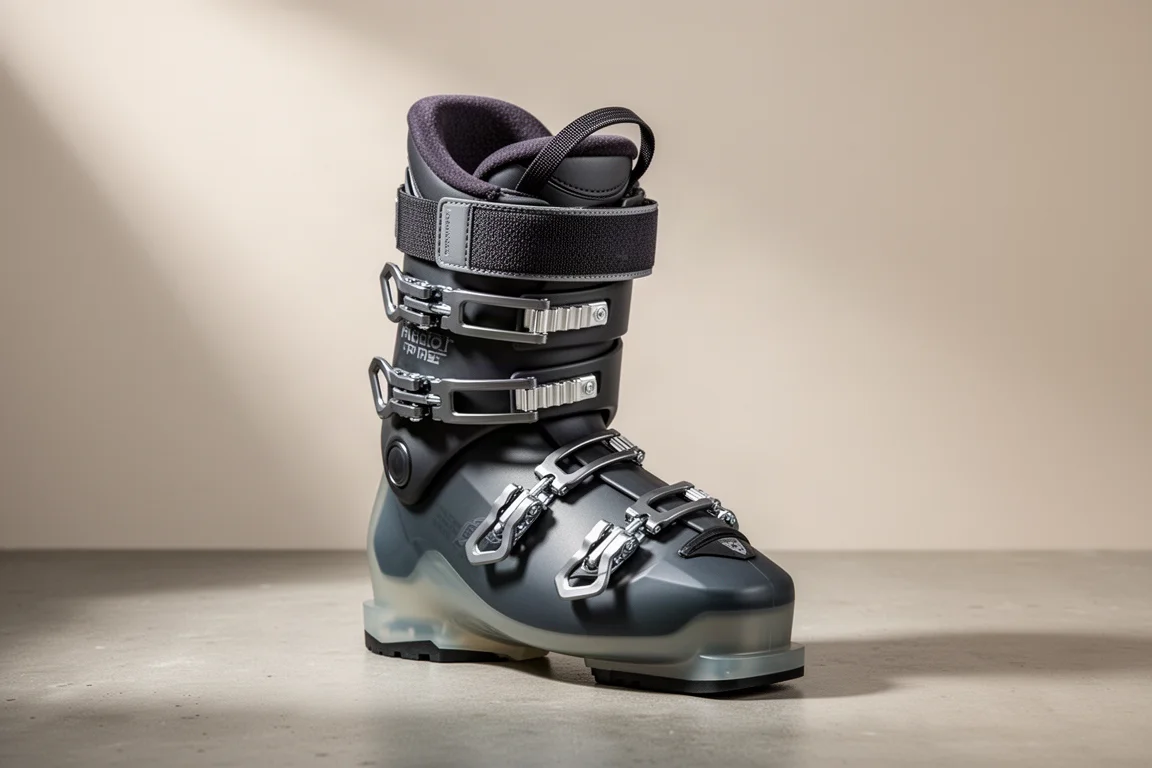 Dunkelgrauer Alpinski-Skischuh mit vier Schnallen und Powerstrap auf Beton