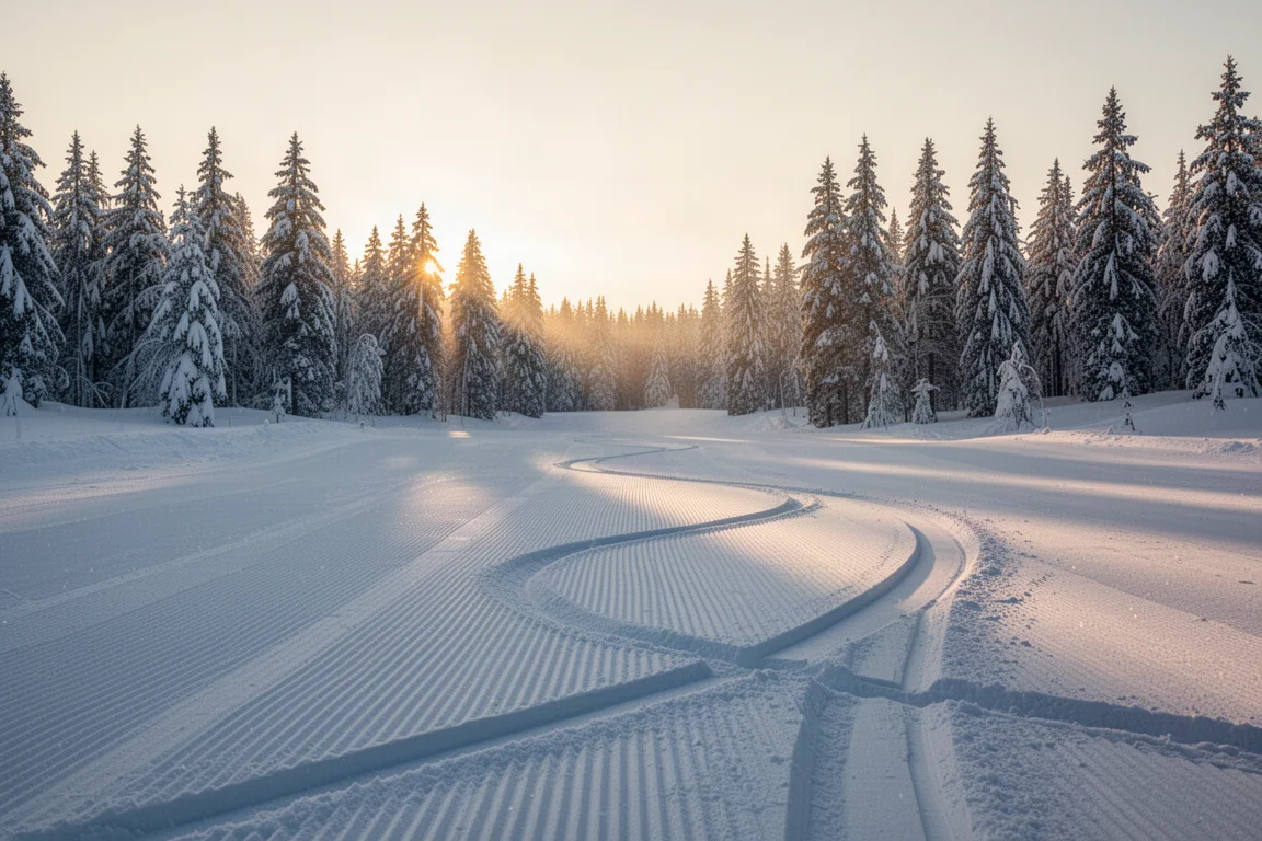 Piste de ski fraîchement damée au petit matin, avec de longues ombres douces