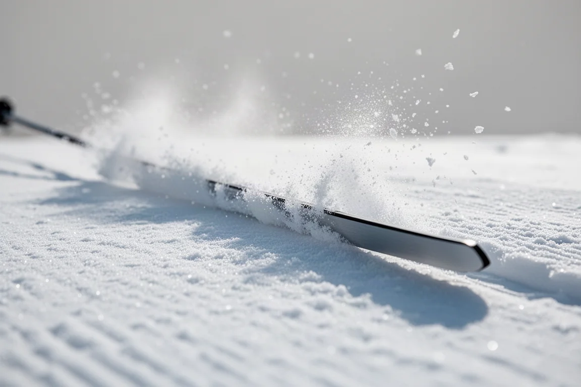 Gros plan sur une carre de ski taillant un arc net dans une neige damée ferme