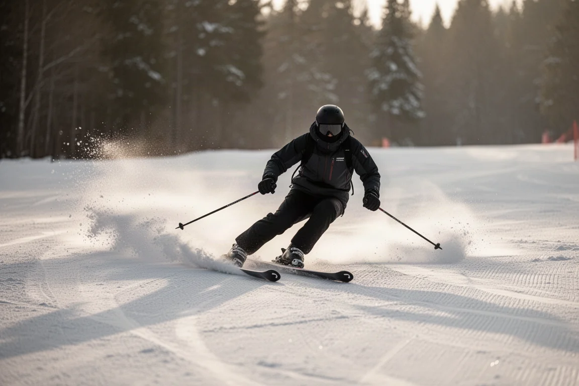 Traces de ski en courbes dans une poudreuse tassée sur une large piste dégagée