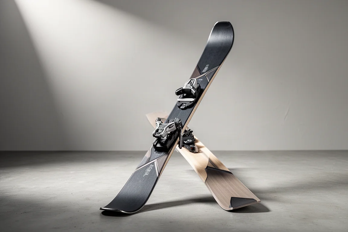 Pair of wide carving skis leaning against a matte concrete wall in soft studio light
