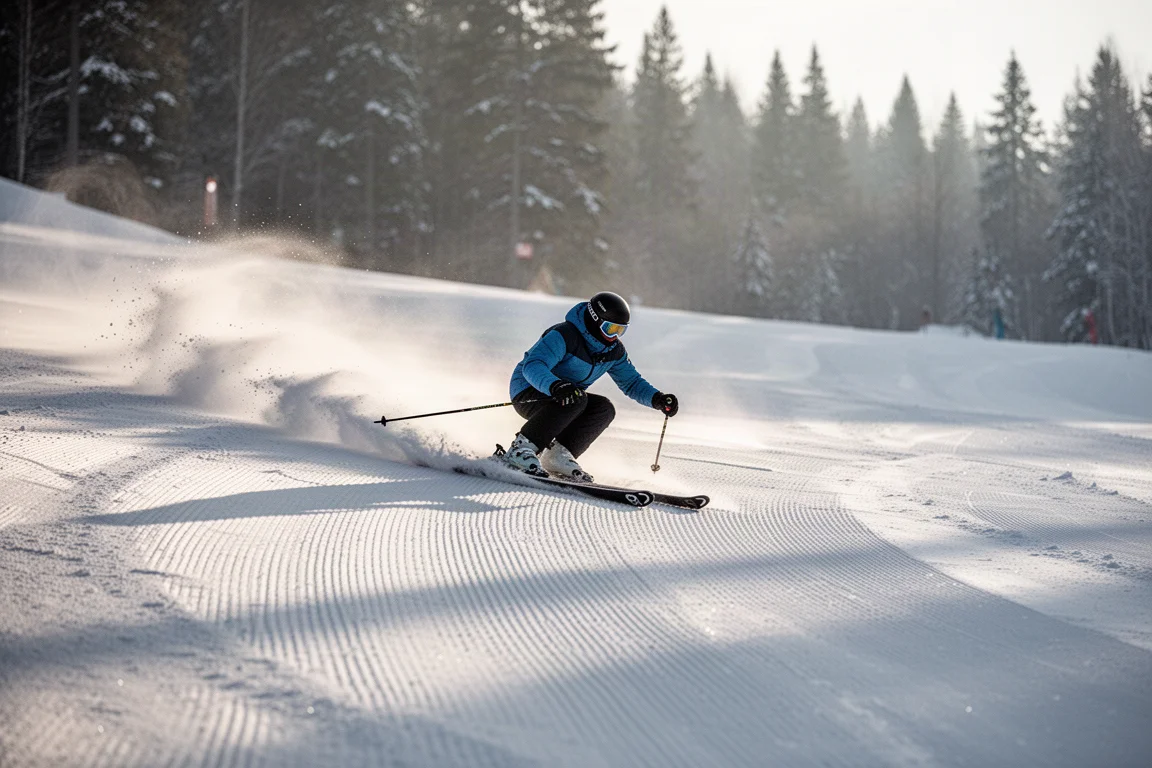 Skier carving a tight turn on a firm groomed piste in cool morning light