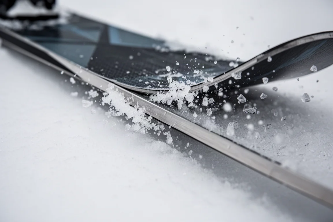 Close-up of a narrow ski edge cutting into hardpack snow with ice crystals