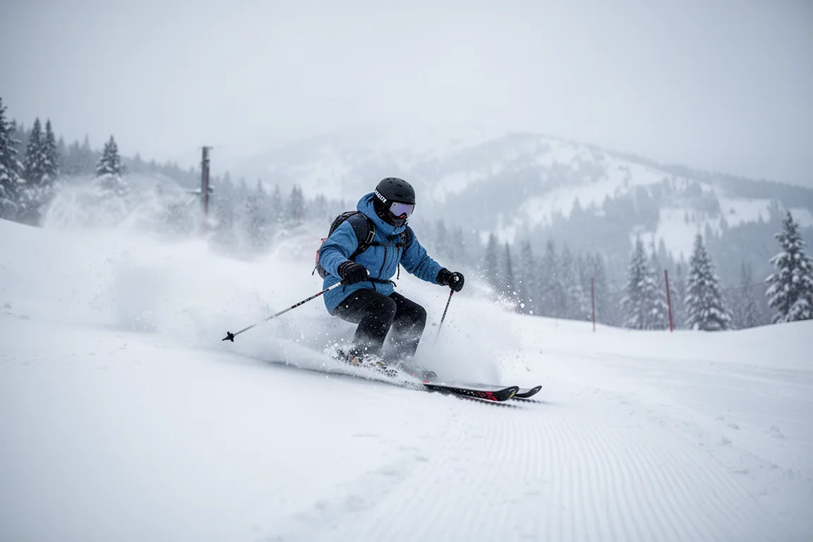 Skier on a wide ski floating through soft snow beside a groomed piste
