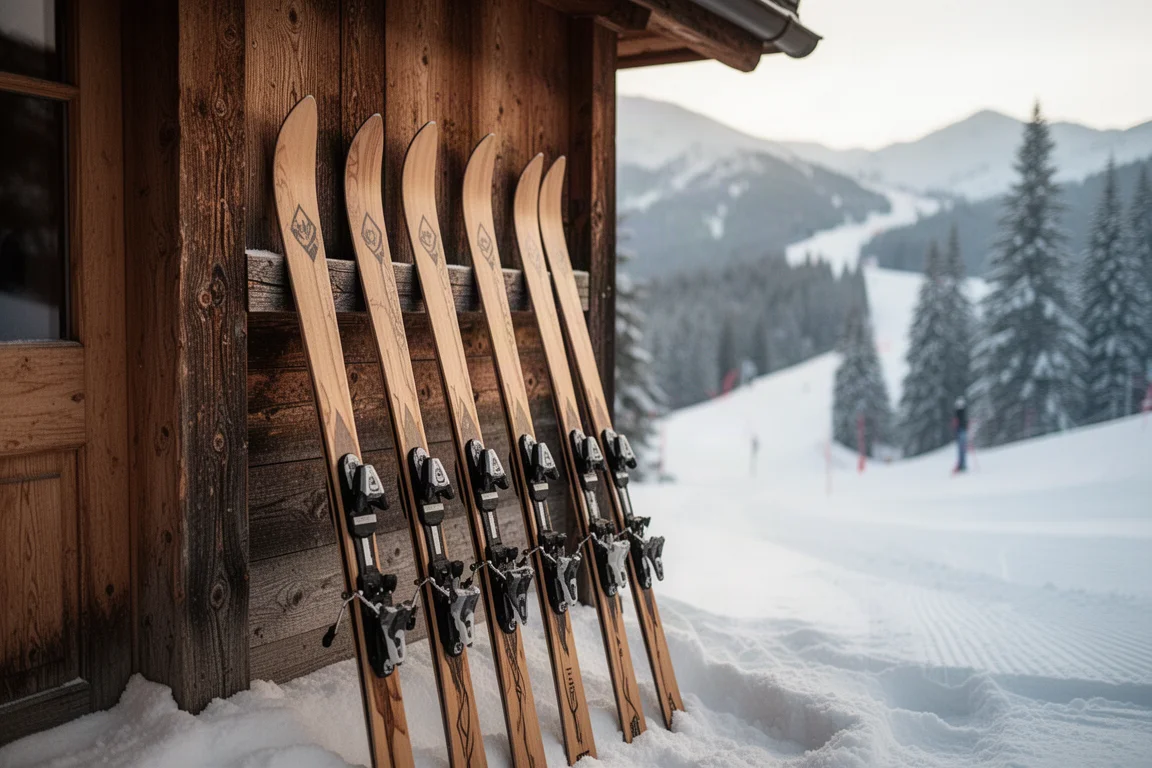 Rack of narrow carving skis leaning against a wooden lodge wall in late afternoon