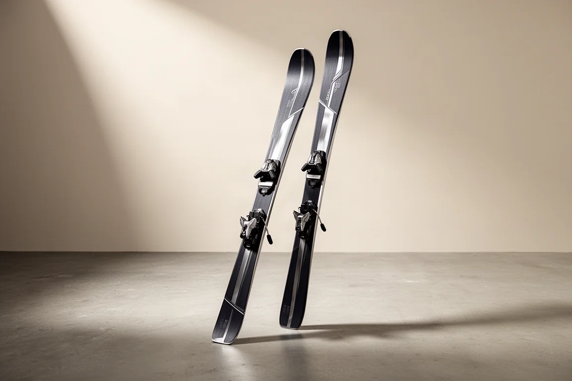 Narrow alpine carving skis standing upright on a matte concrete floor in soft studio light