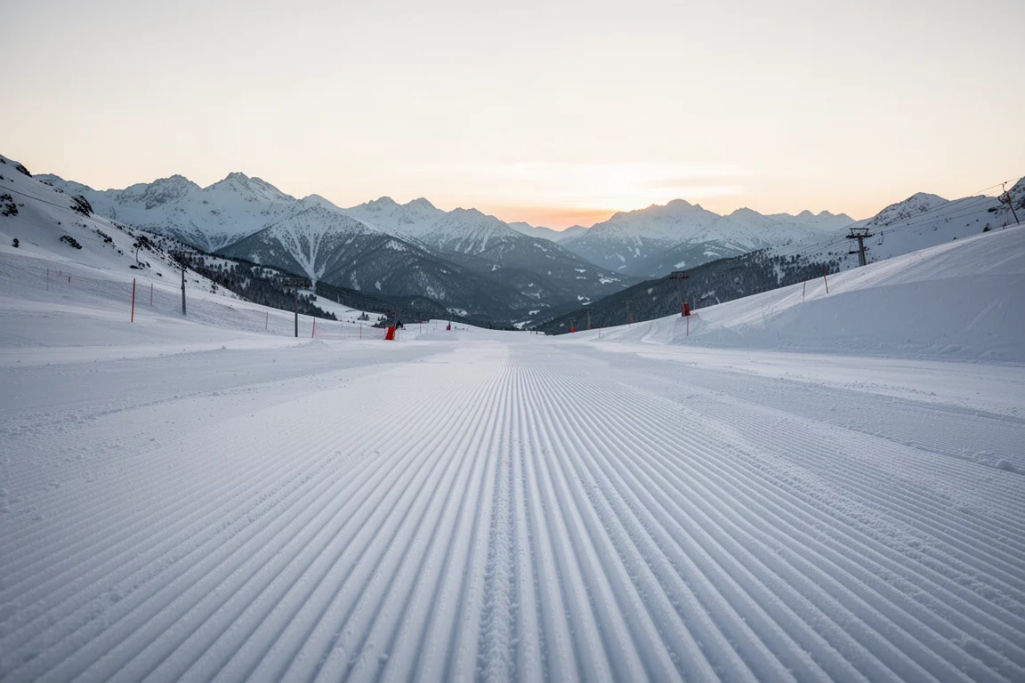 Freshly groomed corduroy ski piste at dawn with mountain ridges in the background