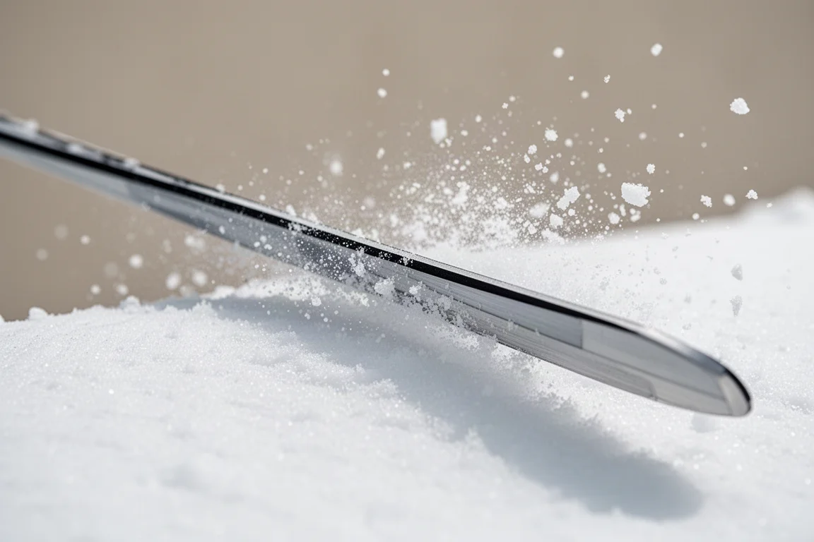 Close-up of a ski edge cutting a clean arc into hard packed snow