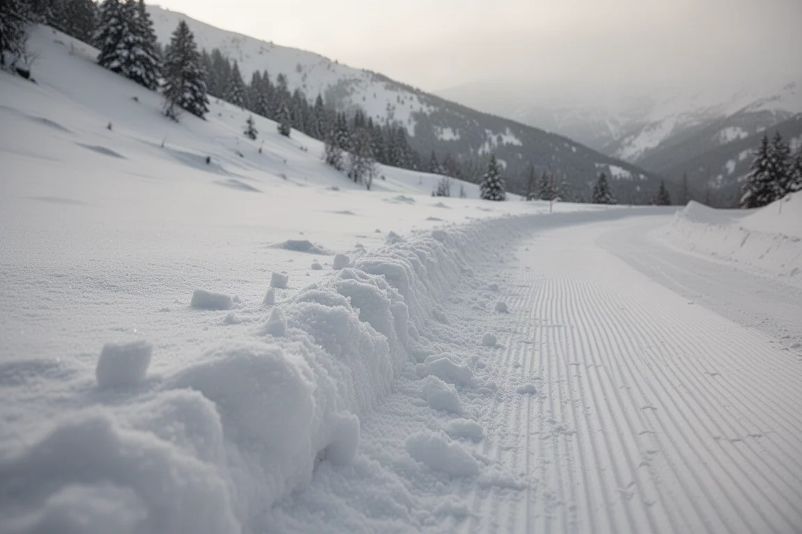 Soft ungroomed snow surface next to a firm groomed track