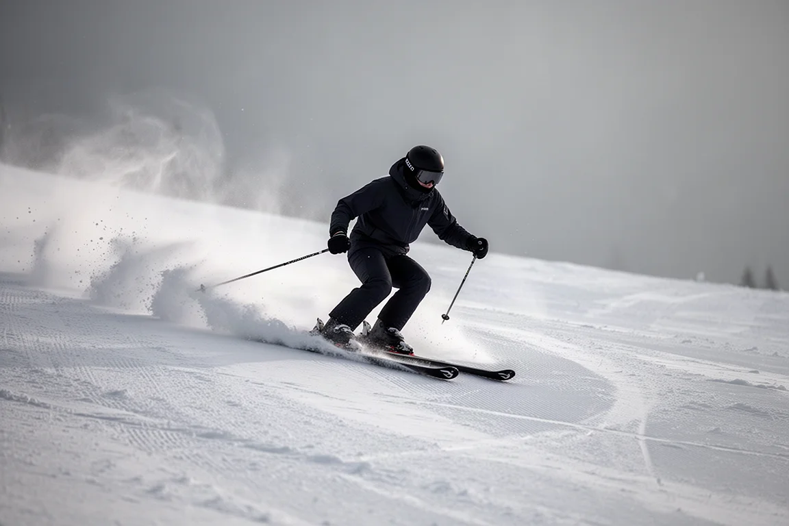 Skier carving tight arcs on a firm groomed slope with snow spray
