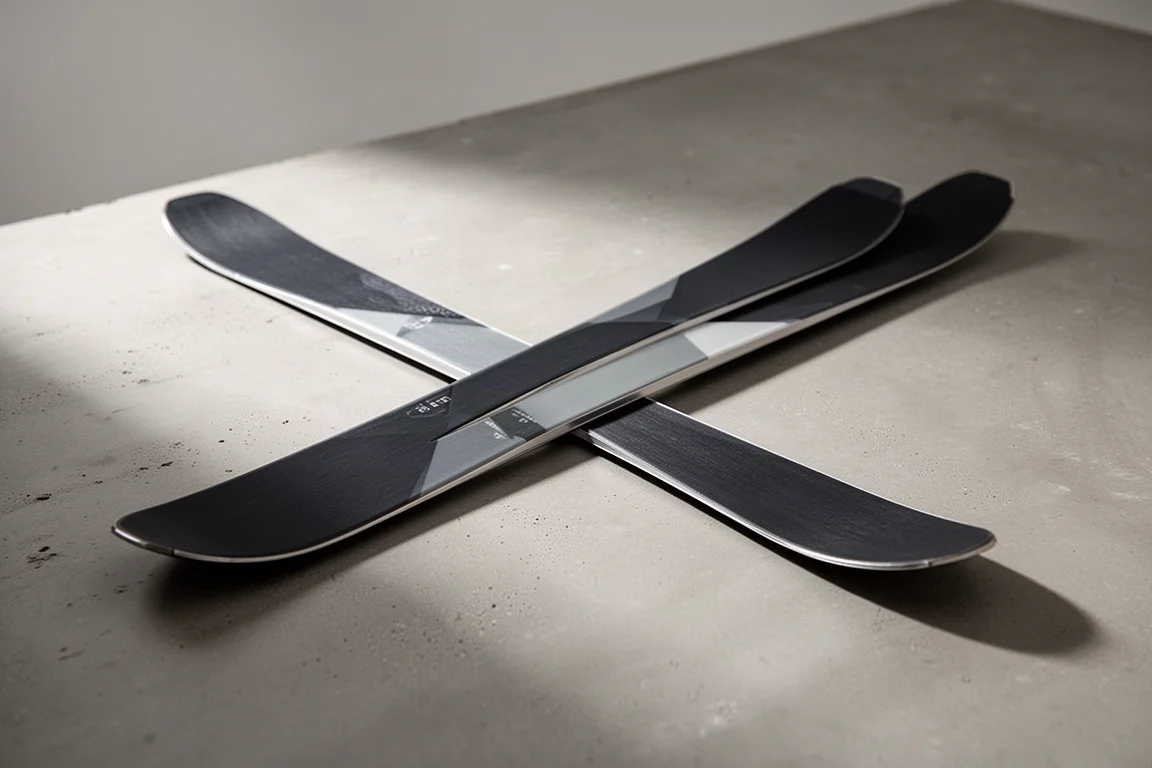 Pair of narrow dark alpine carving skis laid on a matte concrete surface