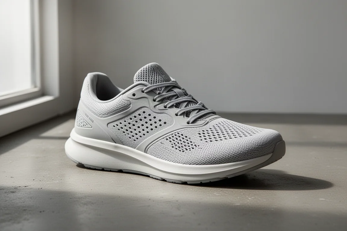 Lightweight minimalist running shoe on a matte concrete surface