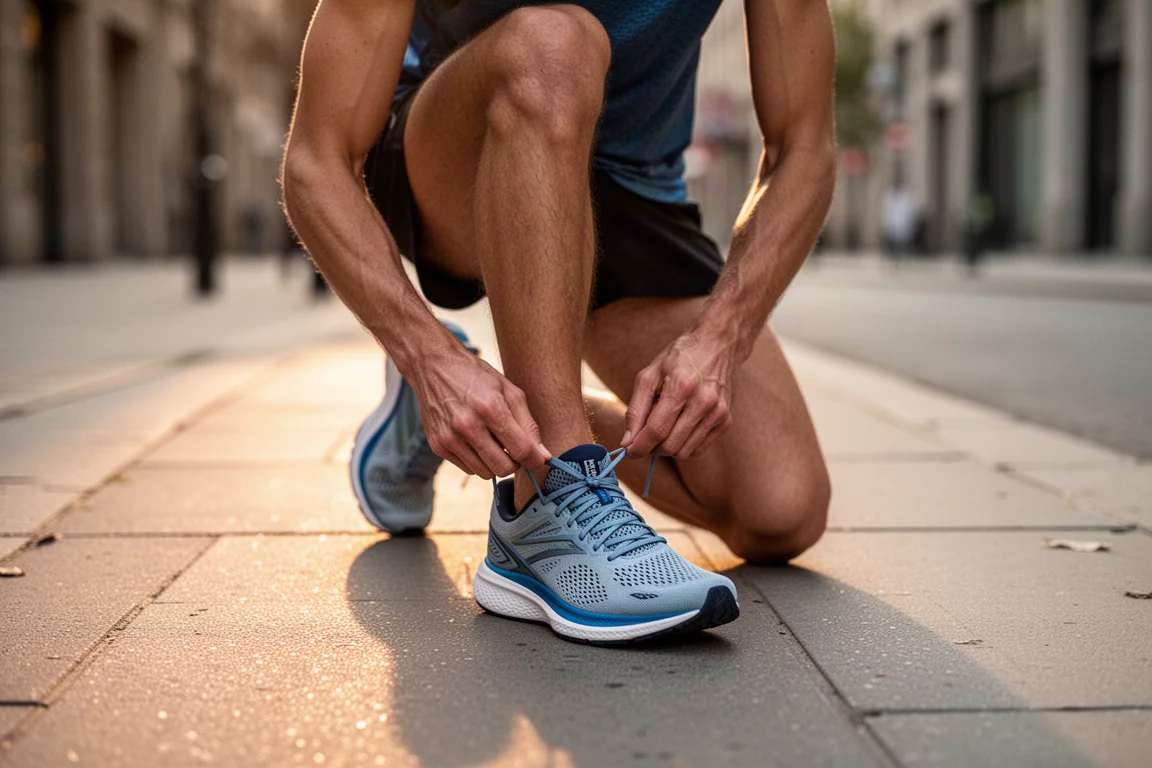 Runner lacing up a retro-styled running shoe on a city sidewalk