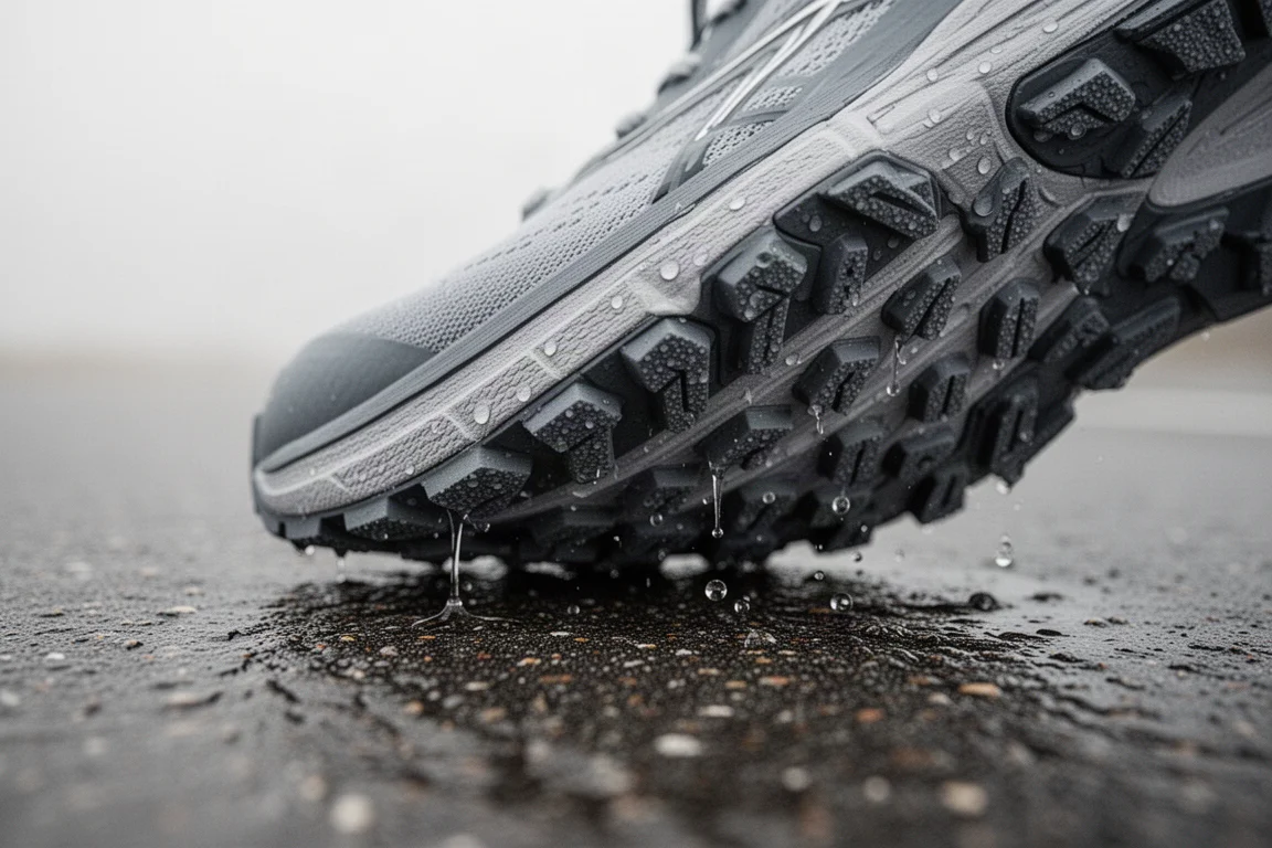 Close-up of a rubber outsole pattern on wet pavement