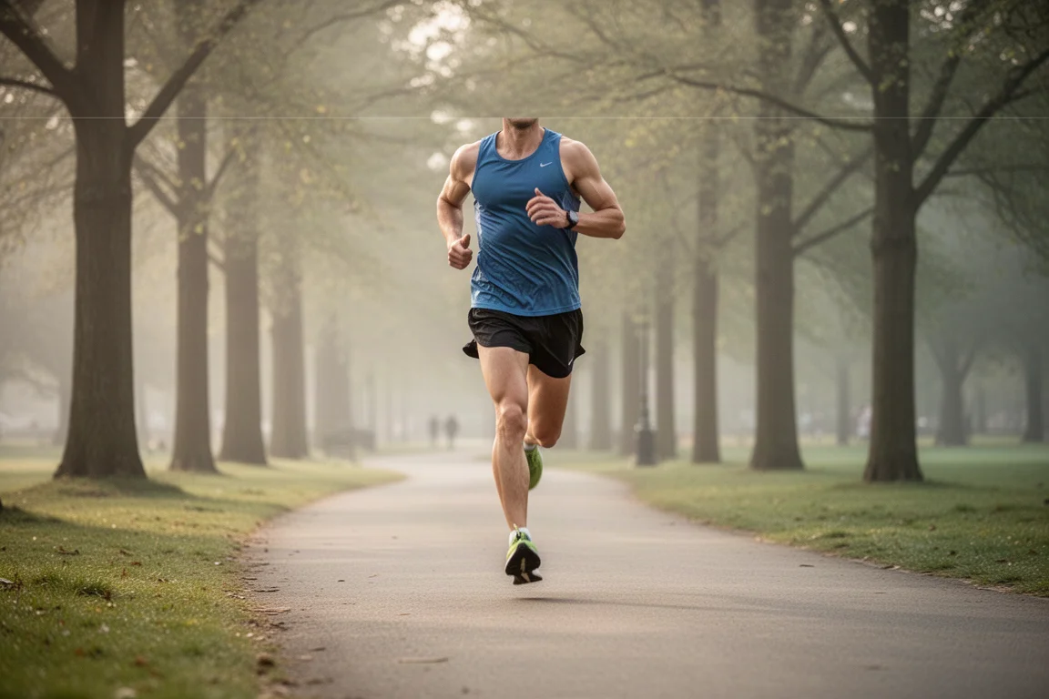 Runner logging easy miles along a tree-lined path