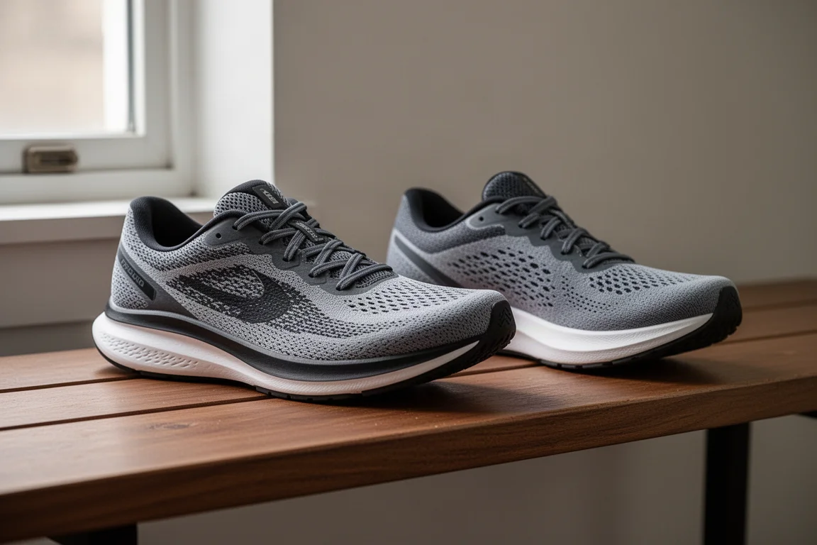 Two running shoes side by side on a wooden bench