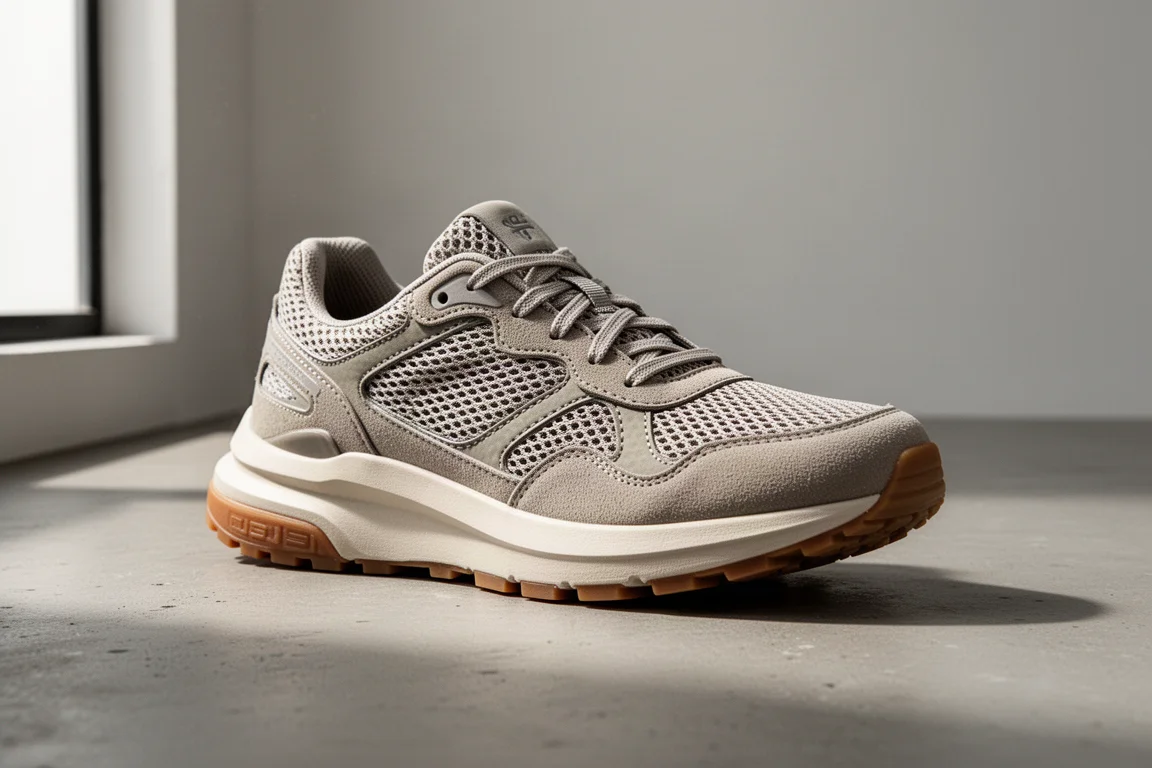 Retro-styled road running shoe with mesh upper and rubber outsole on concrete