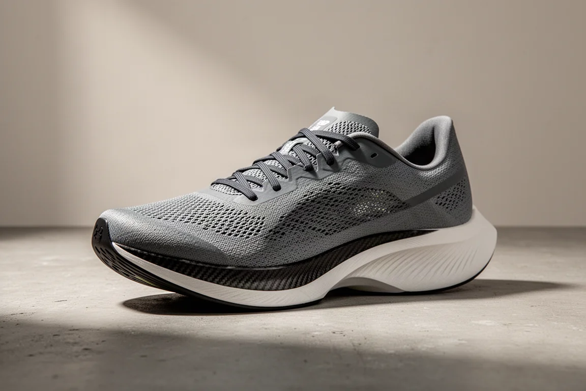 Low-profile carbon-plated running race shoe on a concrete surface