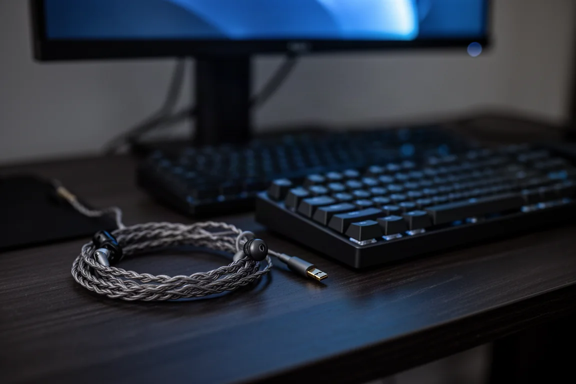 Câble casque tressé en spirale sur un bureau sombre à côté d'un clavier la nuit