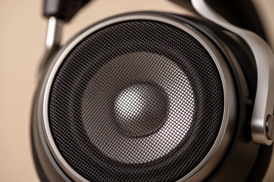 Vue macro d'une grille de casque ouverte avec la lumière traversant le maillage