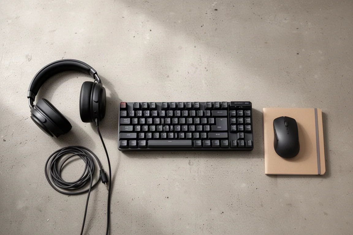 Vue à plat d'un bureau de gaming avec casque, clavier, souris et carnet