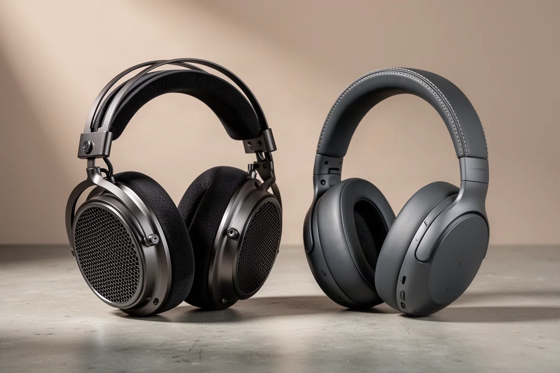 Open-back planar magnetic and closed-back wireless gaming headphones on concrete