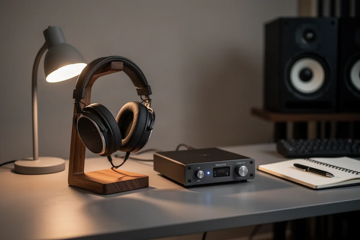 Cuffie a padiglione aperto su un supporto in legno accanto a un amplificatore desktop in uno studio in penombra
