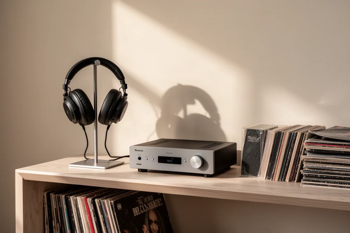 Cuffie su un supporto accanto a un amplificatore e dischi in vinile su una mensola in rovere