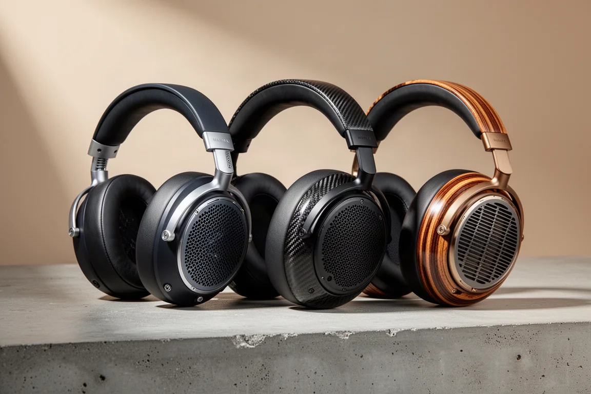 Three over-ear planar magnetic headphones with aluminium, carbon, and wood ear cups on concrete
