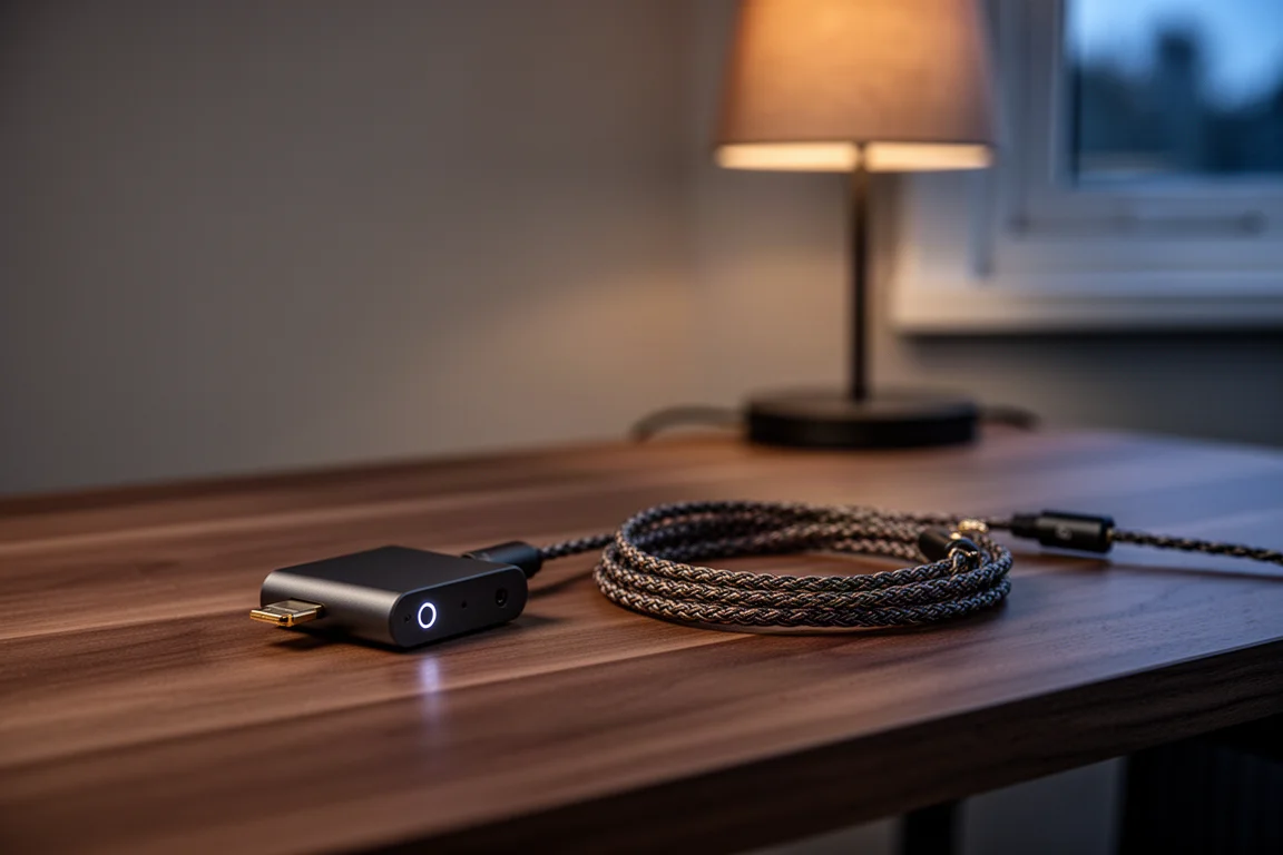 Mesa de audição silenciosa ao anoitecer com um dongle DAC compacto e um cabo de fone trançado enrolado