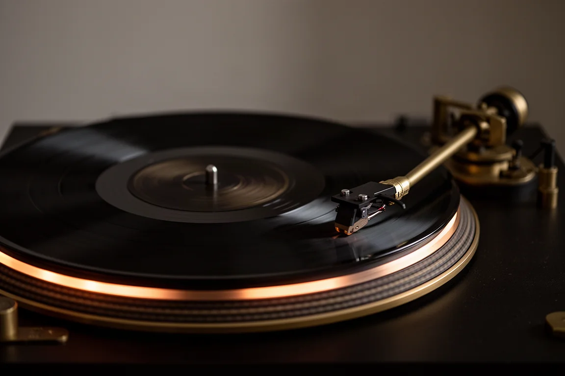 Close-up de um disco de vinil girando em uma vitrola com luz de contorno quente