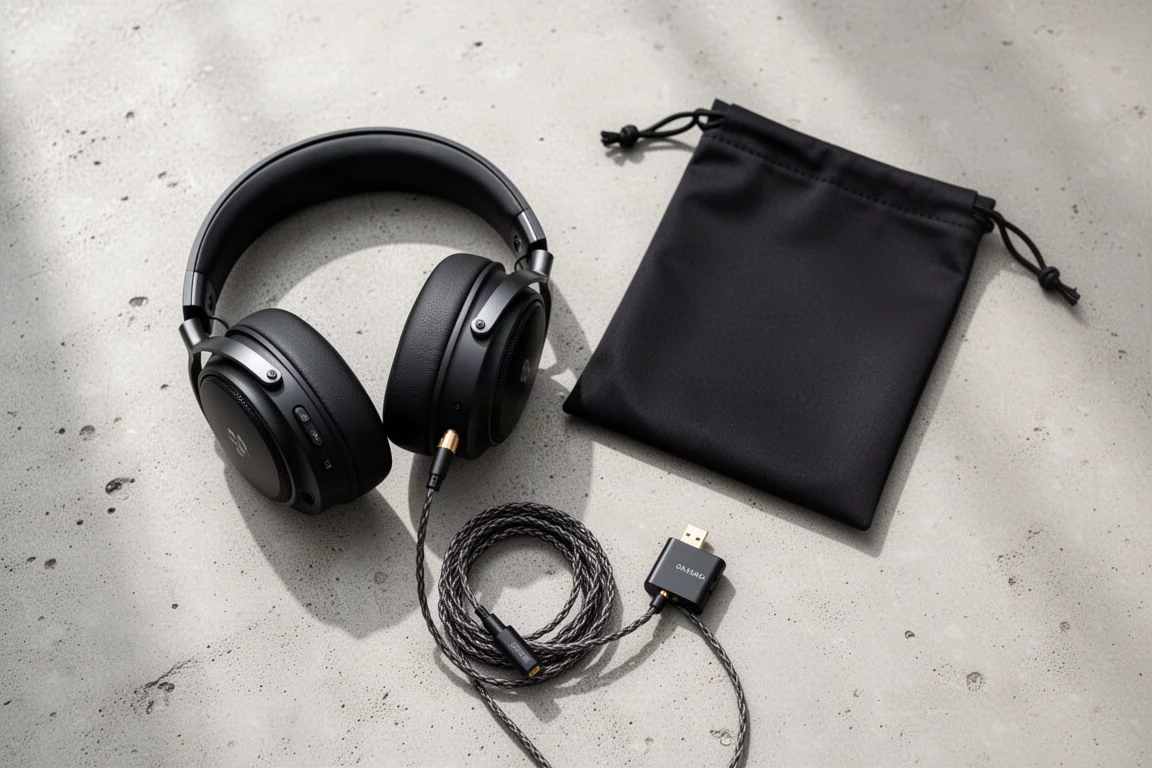 Flat-lay visto de cima de um kit de audição para viagem com fone, estojo, cabo e dongle DAC