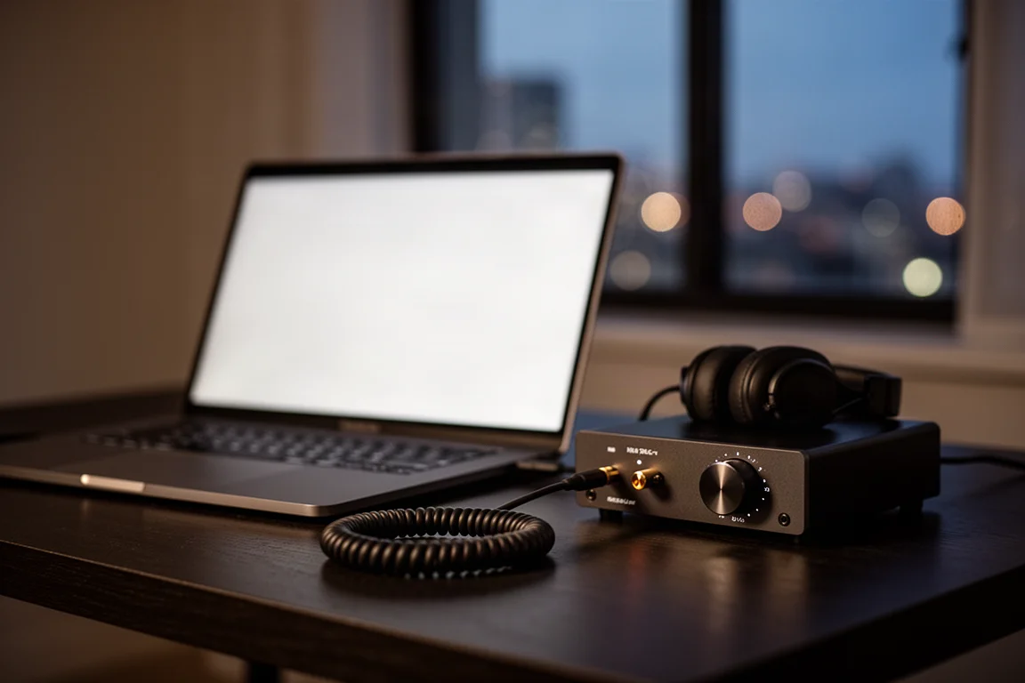 Cena de mesa noturna com amplificador de fone de mesa, cabo enrolado e luzes da cidade desfocadas