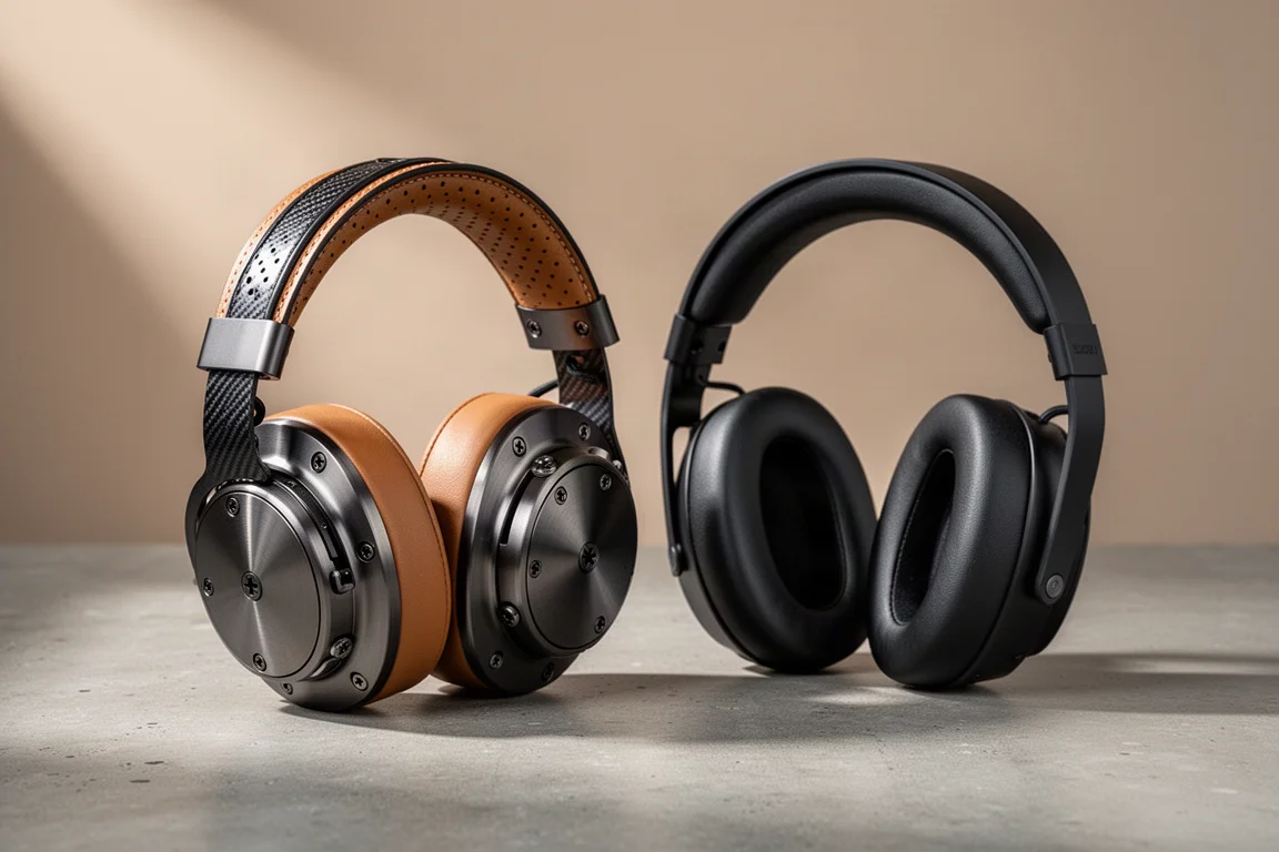 Two open-back over-ear headphones side by side on a concrete surface