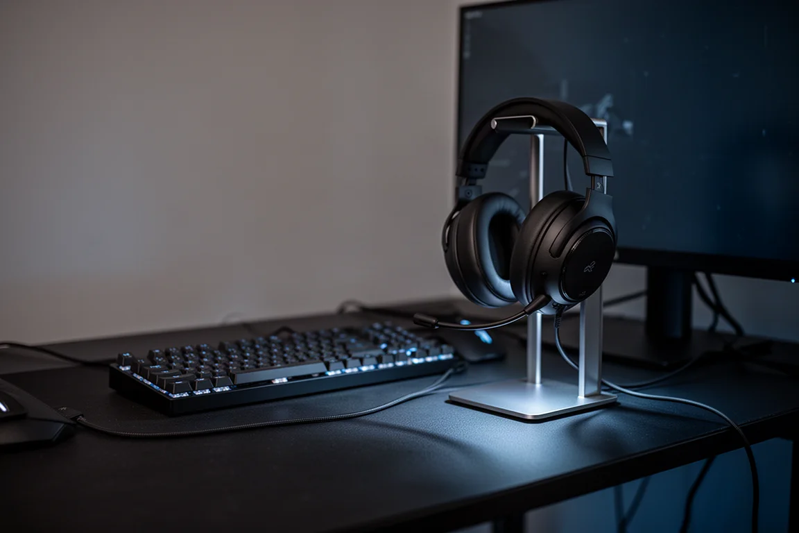 Headset resting on a gaming desk stand beside a keyboard in low evening light