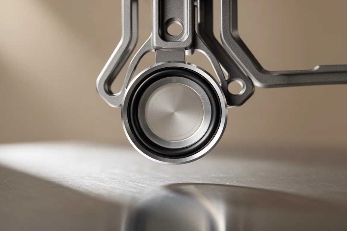 Macro detail of a thin circular driver diaphragm suspended inside a metal frame