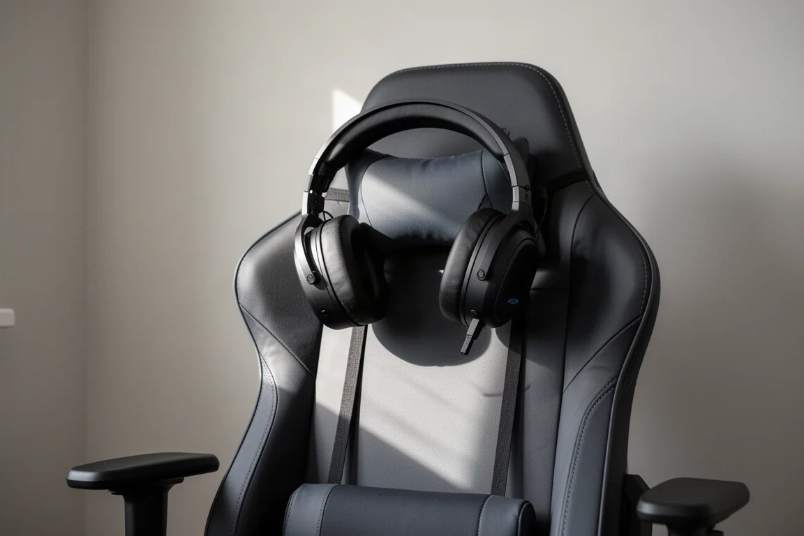 Over-ear headset hanging on the backrest of an empty ergonomic gaming chair