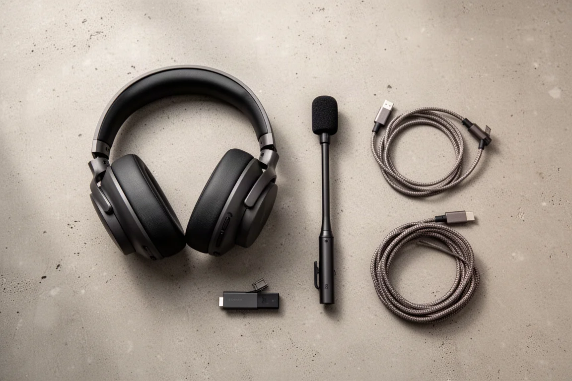 Flat-lay of a gaming headset with detachable mic, USB dongle and cables on concrete