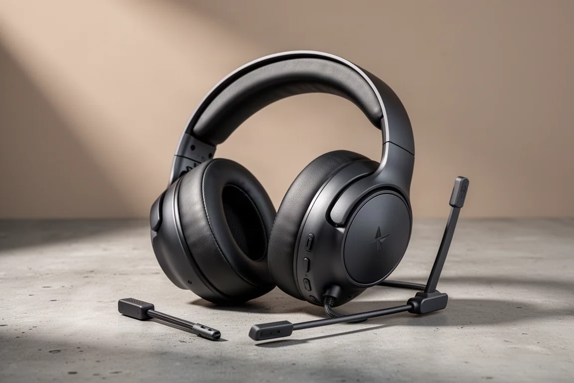 Dark closed-back over-ear gaming headset with detachable boom mic on a concrete surface