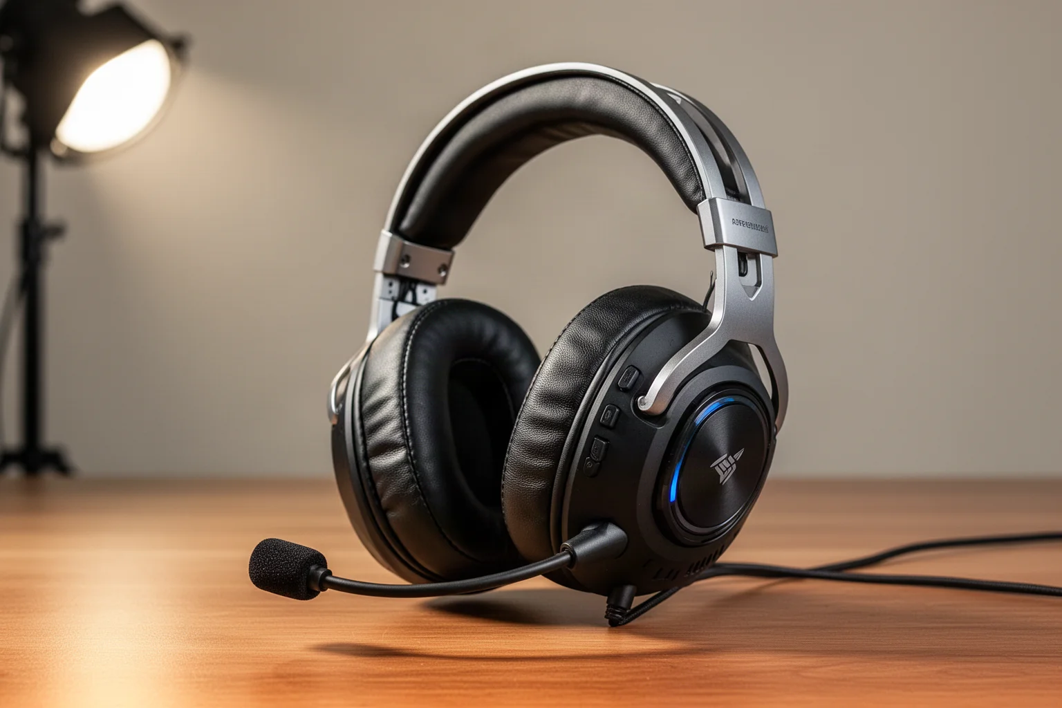 Seven gaming headsets arranged in a row on a matte concrete surface