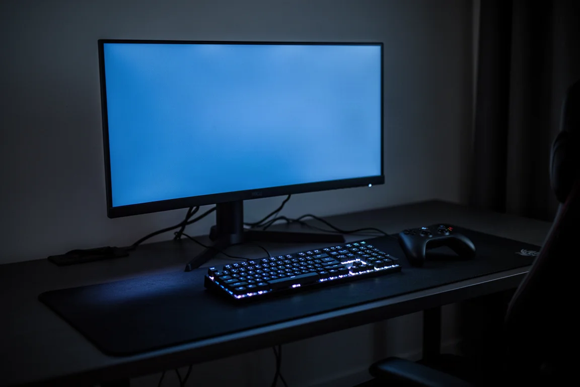 Scrivania gaming in penombra di notte con bagliore del monitor, tastiera e controller