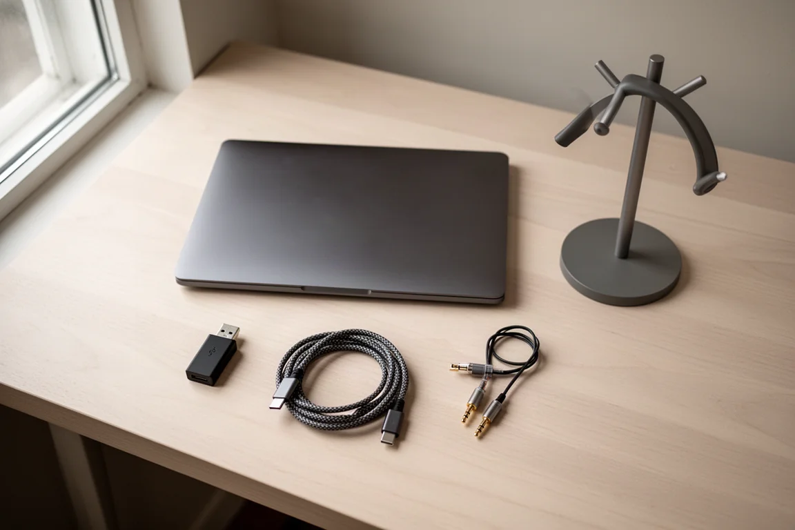 Flat lay dall'alto di laptop, dongle USB, cavo a spirale e supporto cuffie su legno