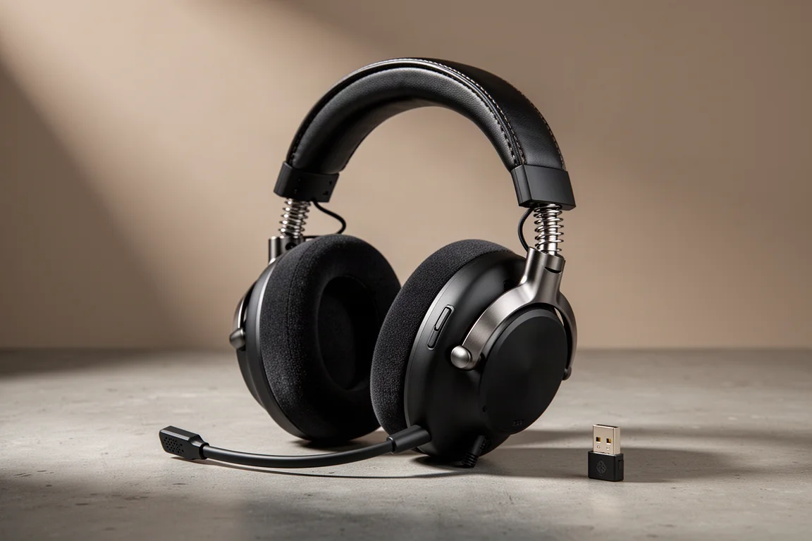 Black over-ear wireless gaming headset with aluminium yokes and detachable boom mic on concrete