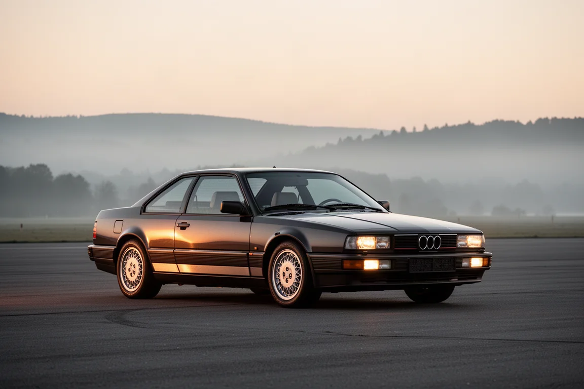 Audi-Coupé aus den frühen 1990er Jahren auf stillem Asphalt im sanften Abendlicht